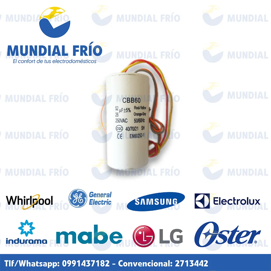 Capacitor para lavadora, fotografía de catálogo de Mundial Frío