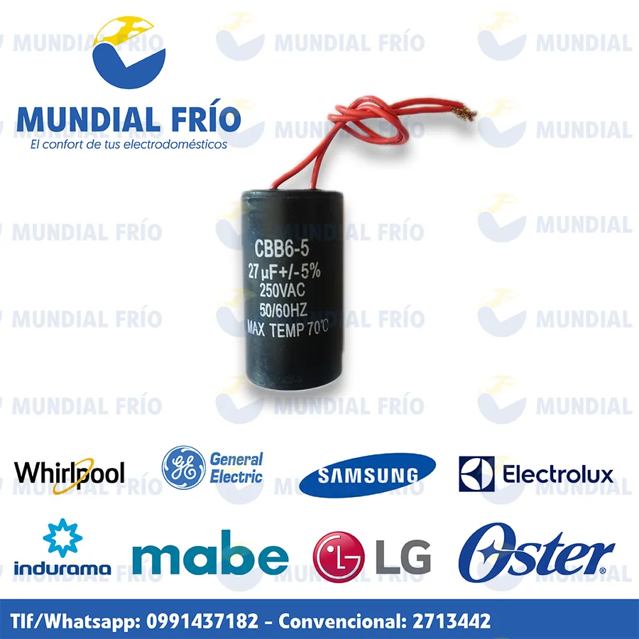 Capacitor para lavadora, fotografía de catálogo de Mundial Frío