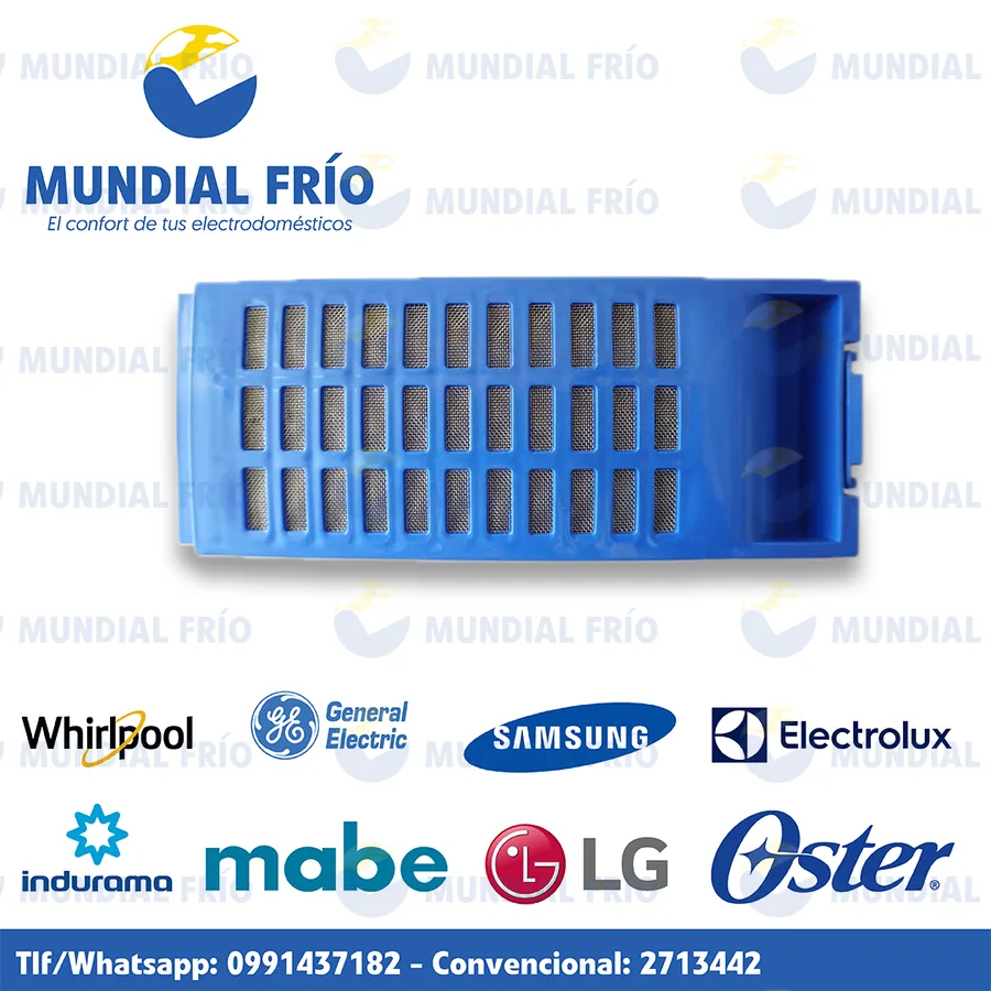 Filtro atrapa pelusas para lavadora, fotografía de catálogo de Mundial Frío