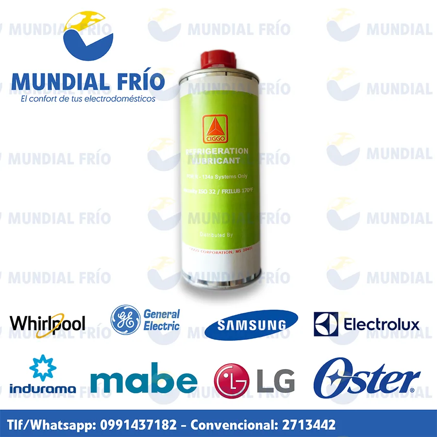 Gas refrigerante y aceite para refrigeración, fotografía de catálogo de Mundial Frío